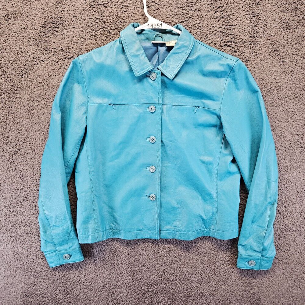 Newport News Leather Jacket Women Size 14 Blue Collared‎ Button Front